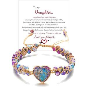 Mother to Daughter Inspirational Purple Jasper Heart Beaded Adjustable Bracelets